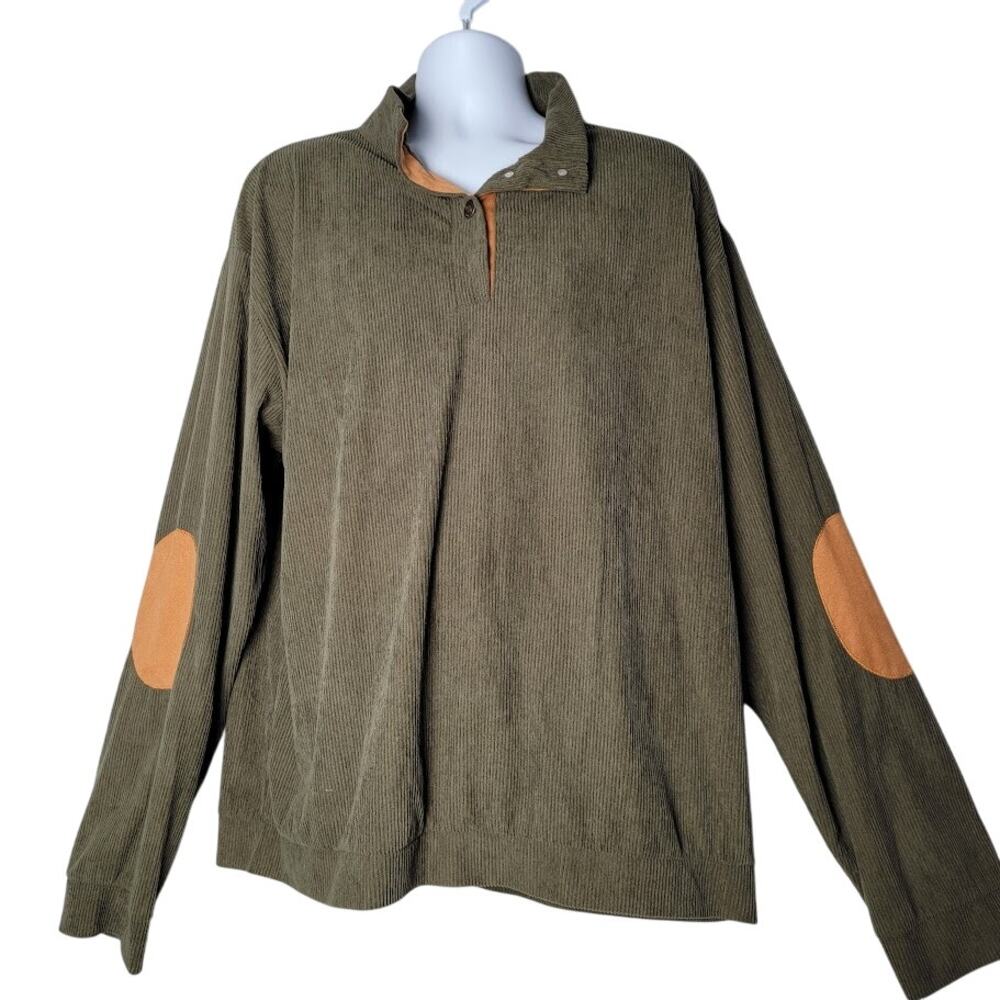 Hengsheng Jeans Corduroy Pullover Olive‎ Green Tan Elbow Patch Long Sleeve XXXL